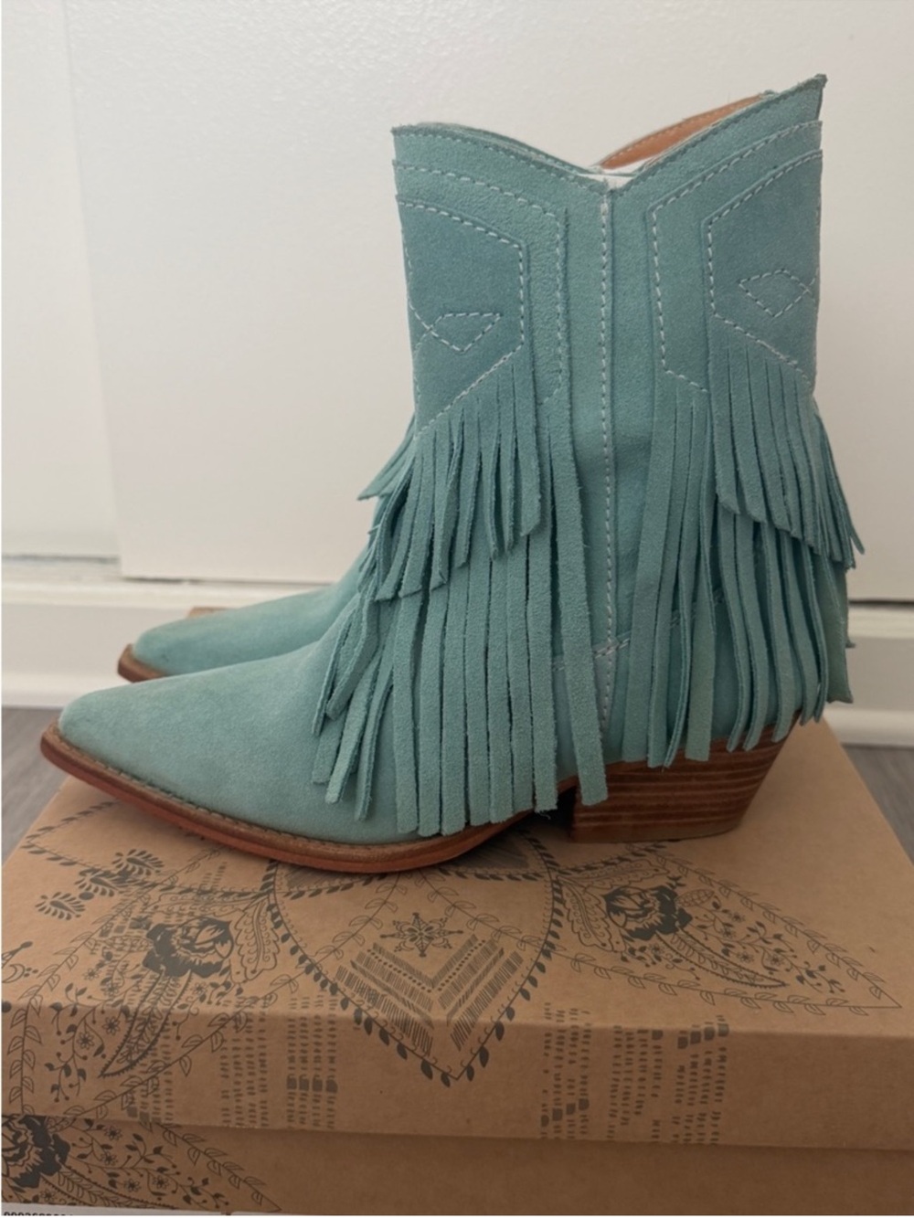 Free People Aqua Suede Fringe Western Ankle Boots